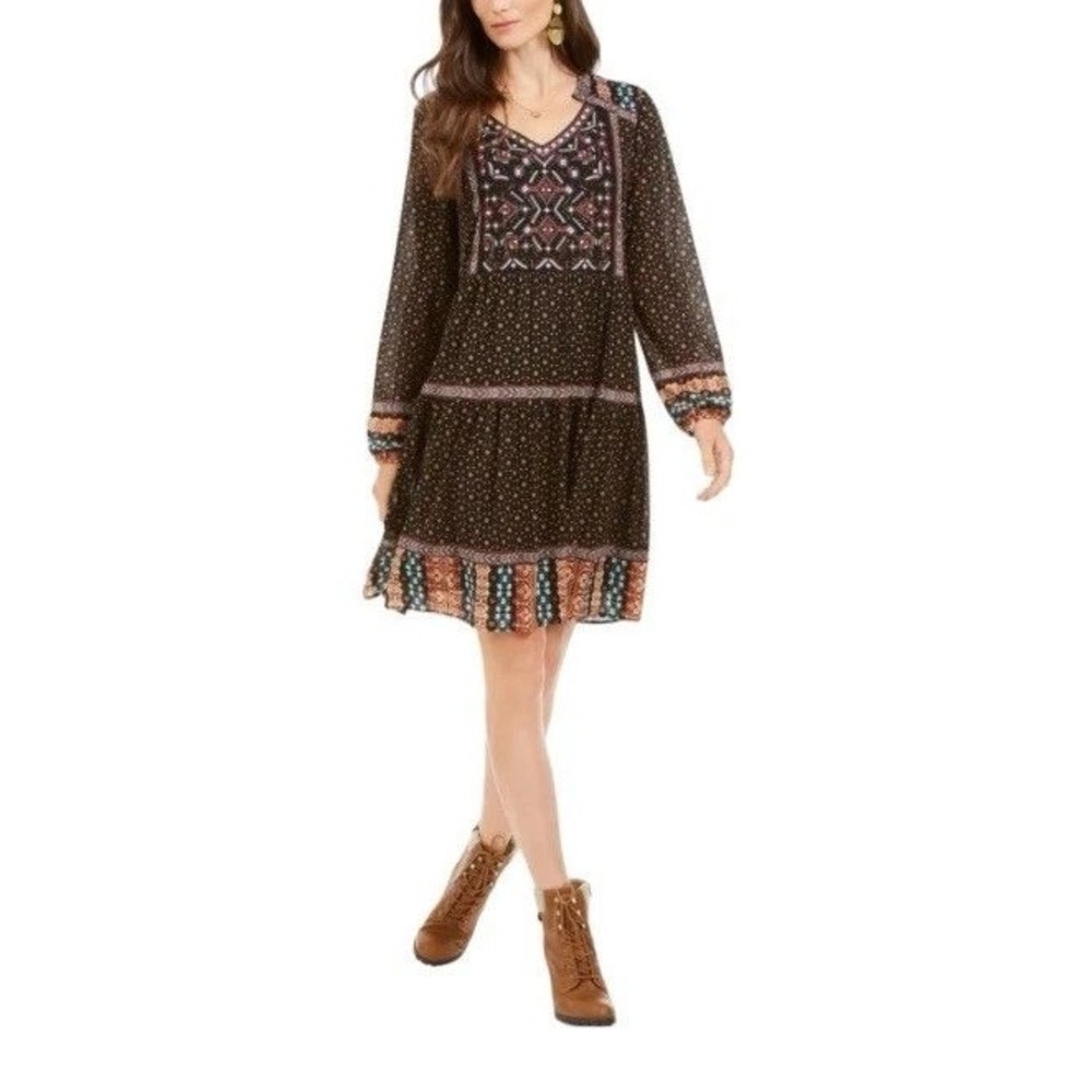 Style &‎ Co Dress Large Black Boho Embroidered Beaded Boho Peasant Dress Flowy